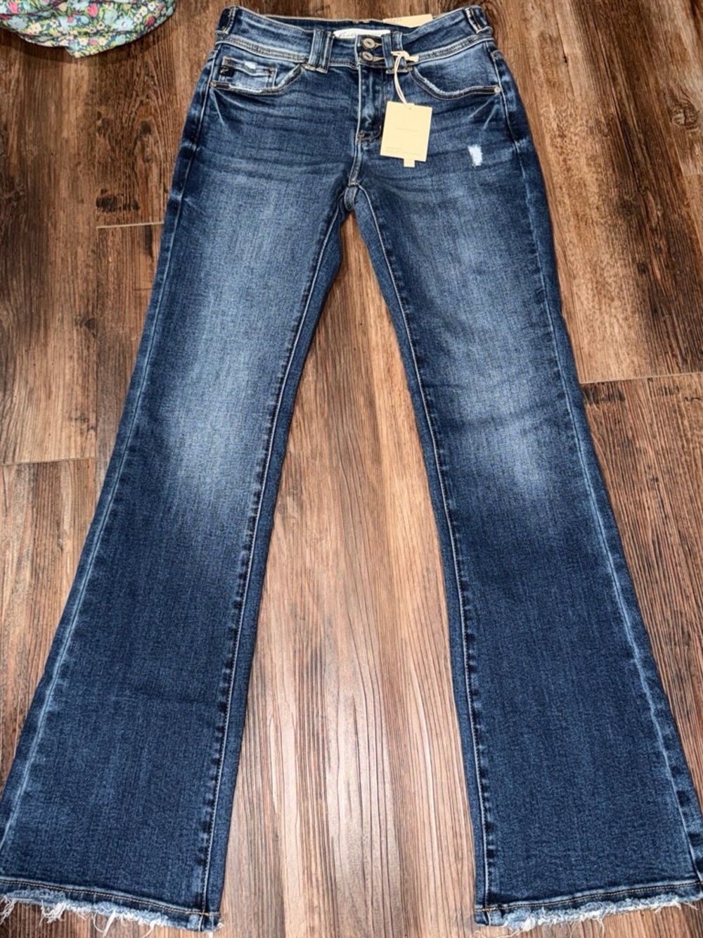 KanCan Dark Blue Flare Jeans with Raw Hem